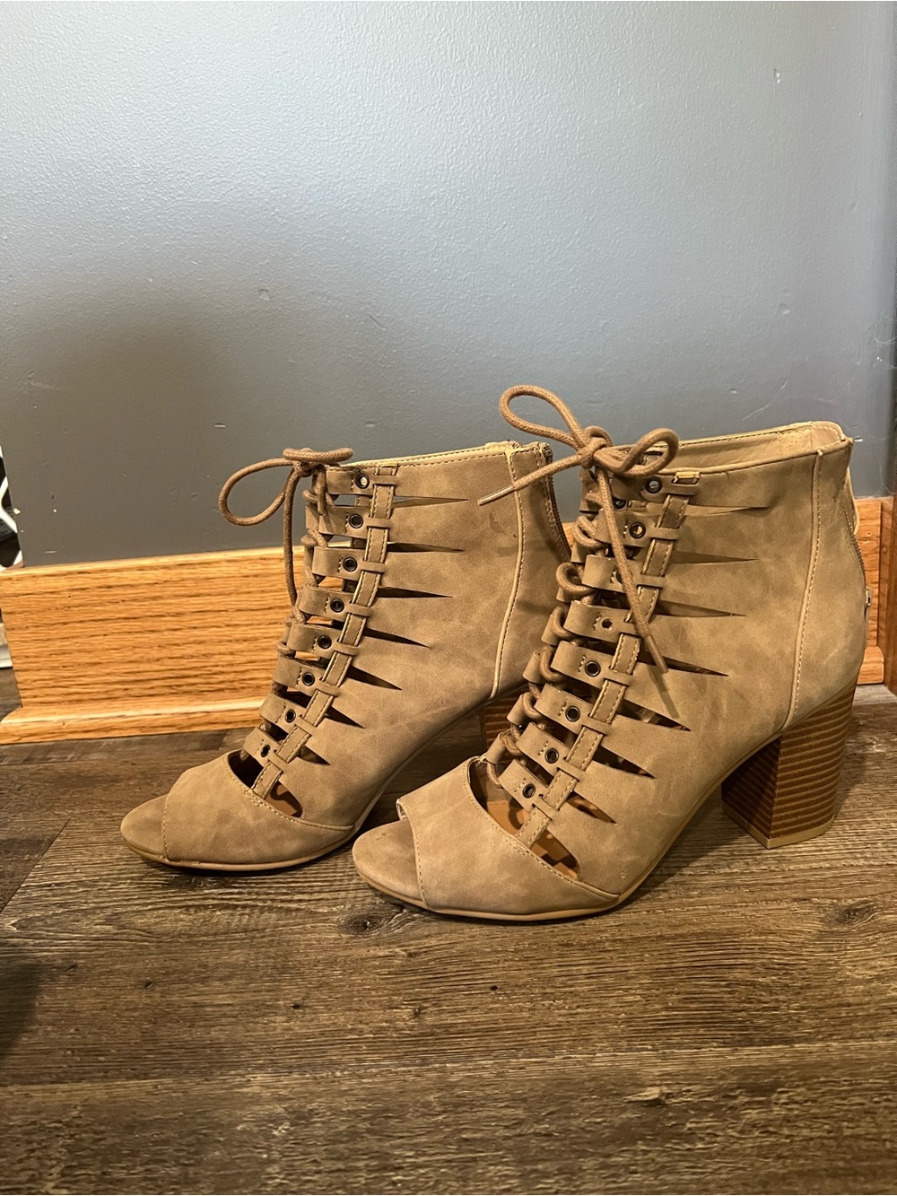 Rampage Taupe Lace-Up Peep Toe Block Heel Sandals